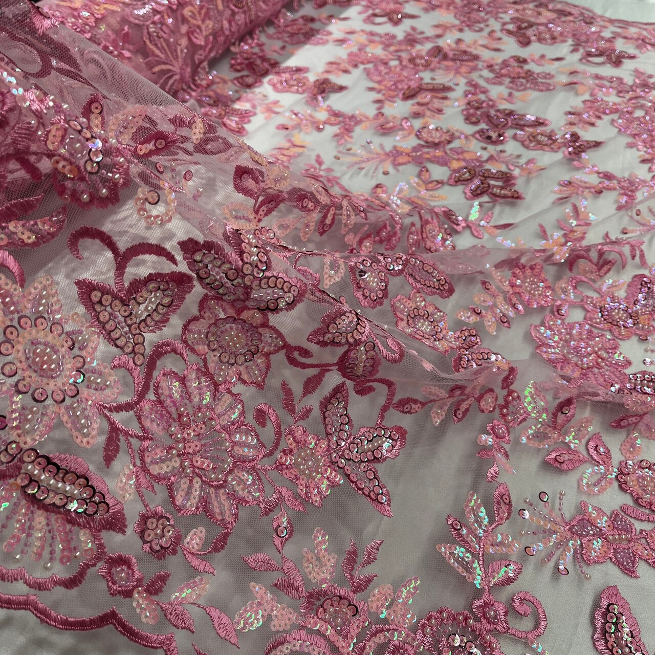 1 Yard Purple Beaded Sequined Sparkling Lace Fabric Embroidered on Polyester Net Mesh 51 inch Width